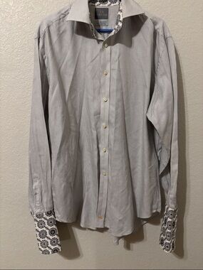 Thomas Dean Men's White and Black Pinstripe Dress Shirt with Patterned Cuffs
